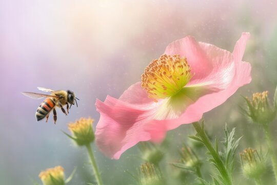 Image of bee flying over flower isolated on green background.