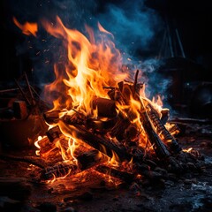 Fototapeta premium Nature's Mystique Unveiled: A Campfire Casts Its Flickering Glow in the Dark Forest. Ai generated