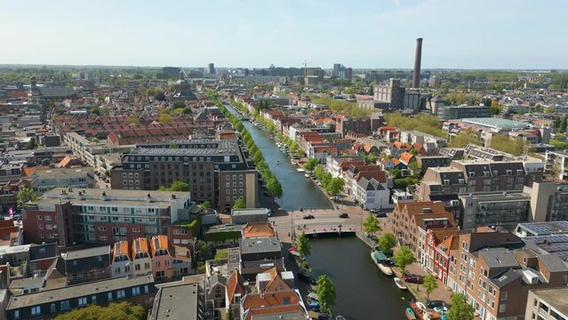 Aerial drone video of the old city centre in Leiden, the Netherlands