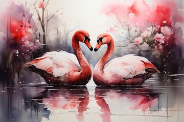 Convey your feelings of love with enchanting watercolor depiction of two swans, for a Valentine's Day card. Ai generated