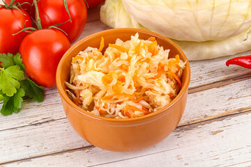 Fermented cabbage sauerkraut in the bowl