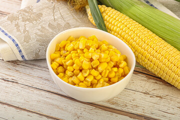 Canned yellow corn in the bowl