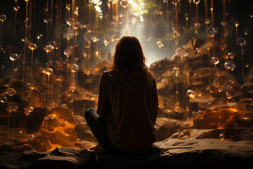 An ethereal forest scene with crystals, a woman meditating, connecting with the universe