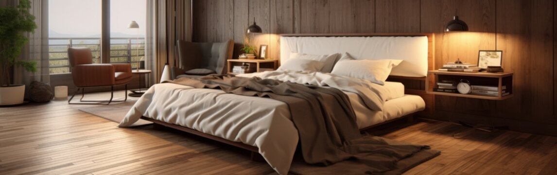 Panoramic image of a country style wooden bedroom in a luxury cottage or hotel. Comfortable large bed, bedside tables, armchair, panoramic window. Home decor, cozy interior. 3D rendering.