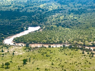 An Aaerial view of the Maasai Mara Conservancy and Mara River about 150 miles west of Nairobi,...