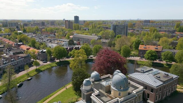 Aerial drone video of the observatorium in Leiden the Netherlands