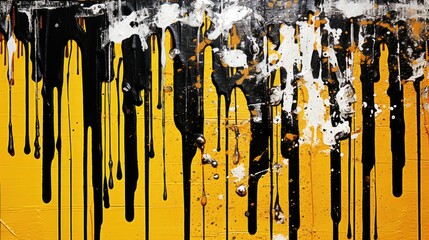 Smudges of black paint on a yellow wall. Abstract art background. Brushstrokes of paint. Illustration for banner, flyer, poster, cover or brochure.
