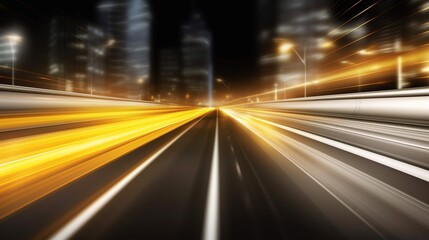 Road with light trails of passing vehicles. Motion speed light in city. Dynamic background. Town at night with speed traffic. Illustration for banner, poster, cover or presentation.