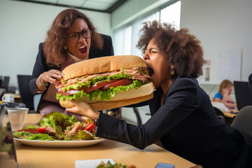 Juggling Sandwich and Spreadsheets - Woman's Humorous Work-Lunch Balance - obrazy, fototapety, plakaty