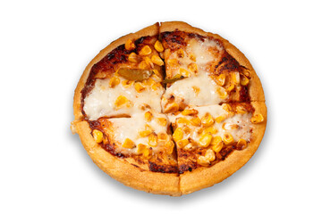 Corn pizza isolated on white background. Top view. Copy space.