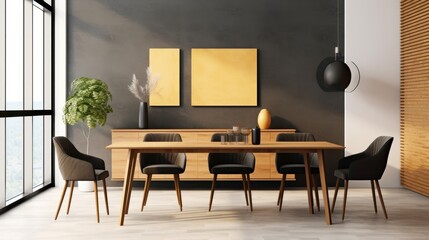 Stylish open space dining room interior in a modern apartment. Wooden table with design chairs, wooden commode, houseplant, home decor, poster templates on the wall. Mockup, 3D rendering.