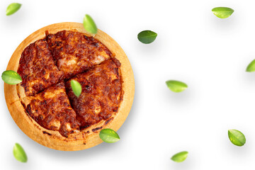 Margherita pizza isolated on white background. Pizza delivery. Fly lemon green leaf. Top view with copy space