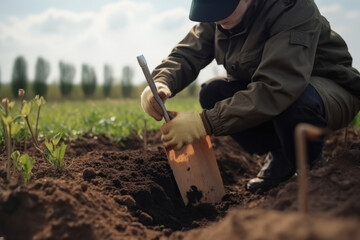 Soil Test. Agronomist putting soil with garden shovel in soil sample bag outdoor - obrazy, fototapety, plakaty