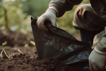 Soil Test. Agronomist putting soil with garden shovel in soil sample bag outdoor