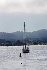 Sailboat Tied To Mooring Buoy Monterey Bay California Overcast