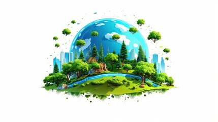 Symbolic image of the globe with elements of human activity and nature. Environment, save clean planet, ecology concept. Saving nature for future generations. Earth Day banner with copy space.