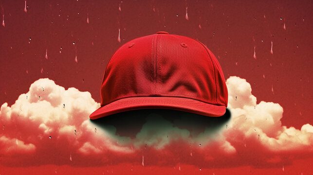 Red MAGA GOP Style Hat in Vintage Collage Style with Storm Clouds and Rain in the Background - Political Concept - Generative AI