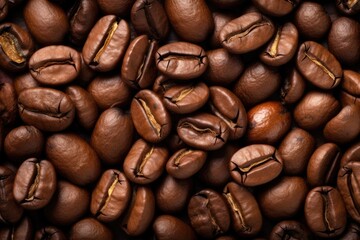 Obraz premium Fresh roasted coffee beans closeup pattern on dark background. Food pattern. Love coffee concept. Top view, flat lay with copy space