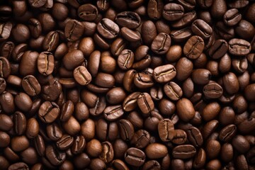 Obraz premium Fresh roasted coffee beans closeup pattern on dark background. Food pattern. Love coffee concept. Top view, flat lay with copy space