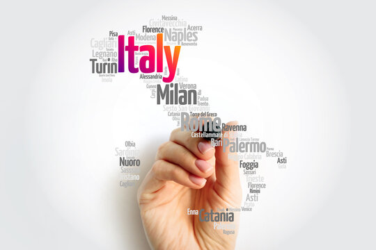 List of cities in Italy, map silhouette word cloud, travel concept background