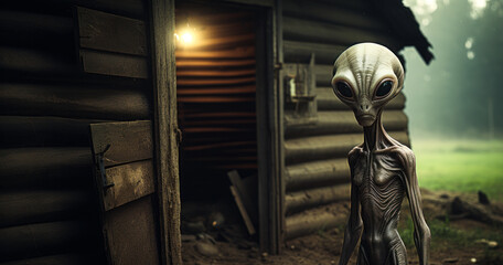 Fototapeta na wymiar Eerie Extraterrestrial: Alien in the Doorway
