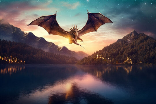 A dreamy photo of a dragon flying over a tranquil lake with a magical sparkly sky Generative AI
