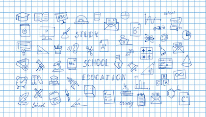 school. postcard. school blackboard. doodle. icons. back to school. september. 1st grade. schoolgirl. children. to study. teacher. postcard. banner. vector illustration. color background. flat style.