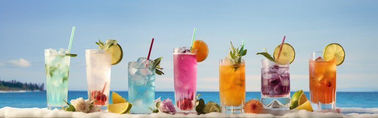 cocktail, drinking from straw, liquid, alcohol, glass, beverage on seaside background