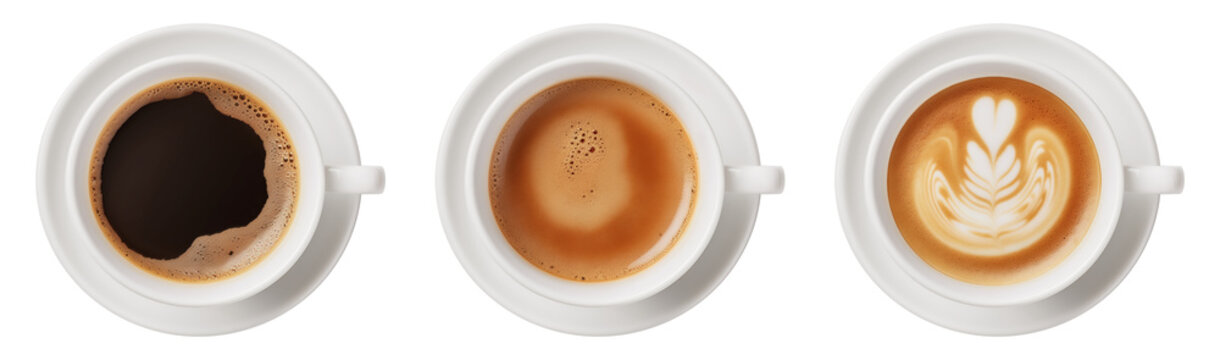 Coffee, latte and cappuccino in a white cup on a transparent background