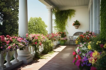 Fototapeta na wymiar terrace of holliday home with flowers, AI