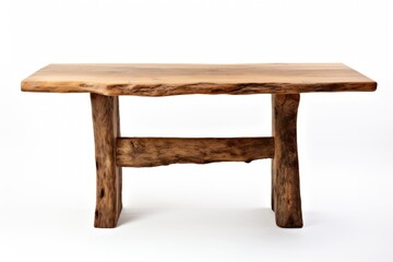 Theres a natural elm wood table that is handmade and can be seen standing alone against a white background.