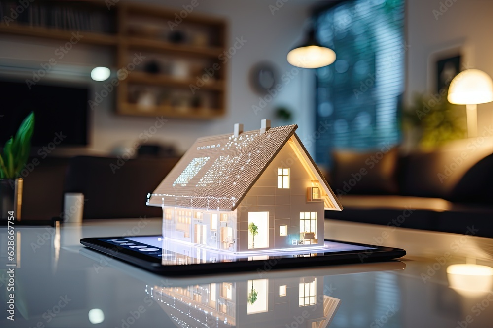Poster the screen tablet displays a miniature model of a house with icons representing various electronic d