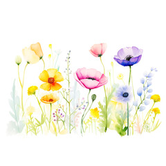 wild flowers watercolor, botanical illustration isolated on white background