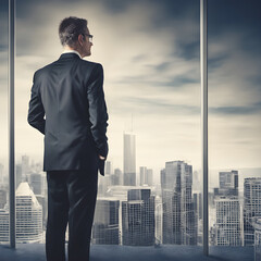 Fototapeta na wymiar businessman standing at window, skyline in background, generative ai