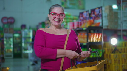 Smiling Female Consumer at Grocery Store, Joyful Shopping Experience Depicting Consumerism Habits