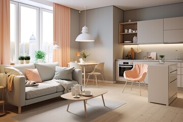 This Scandinavian style studio apartment features a spacious and well lit interior design, with a color scheme of warm pastel white and beige tones. The living area is furnished with trendy furniture