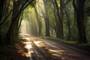 Fototapeta na wymiar A tranquil forest road shaded by a canopy of tall trees, dappled sunlight filtering through Generative AI
