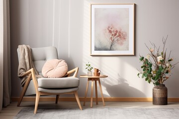 This is a comfortable arrangement of a living room interior, featuring a sample poster frame, a gray armchair, a wooden stand, a vase filled with flowers, a soft carpet, fashionable slippers, a