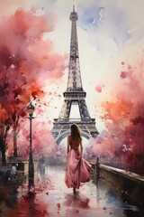 Watercolor girl with flowers on the background of the Eiffel Tower. Label for women's perfume. Generative AI
