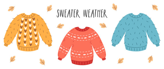 Knitted warm sweaters set. Wool jumpers and falling leaves. Autumn clothes or hygge mood theme. Vector illustrations on white background.
