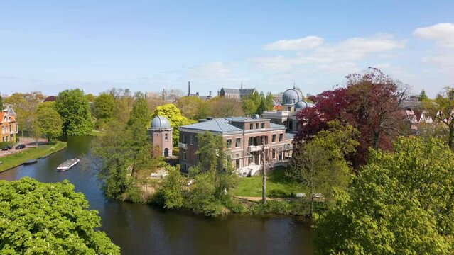 Aerial drone video of the observatorium in Leiden, the Netherlands