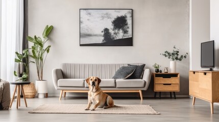 Modern stylish living room scandi style. Comfortable gray sofa with cushions, commode, poster on the wall, houseplants, home decor. A cute dog lying on the rug on the foreground. Mockup, 3D rendering.