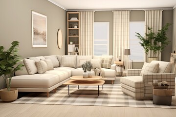 This template showcases a modern home decor with an interior design of a living room featuring a trendy modular beige sofa, wooden coffee tables, plants, pillows, plaid patterns, a neutral room