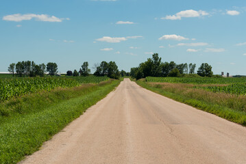 Fototapeta na wymiar Country Road Through Rural Wisconsin Farmland In Summer
