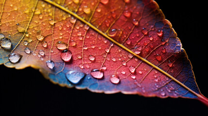 Fototapeta premium Macro Closeup of A Fall and Autumn Themed Leaf with Water Droplets - Vivid Luminescent and Opalescent Color Tone Effect - Seasonal Nature Concept - Generative AI