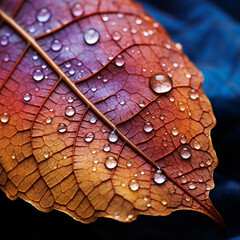 Macro Closeup of A Fall and Autumn Themed Leaf with Water Droplets - Vivid Luminescent and Opalescent Color Tone Effect - Seasonal Nature Concept - Generative AI