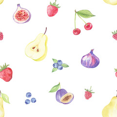 Watercolor berries and fruits seamless pattern. Cherry, raspberries, blueberries, pears, plums, figs and strawberries. Hand drawn illustration on  transparent.
