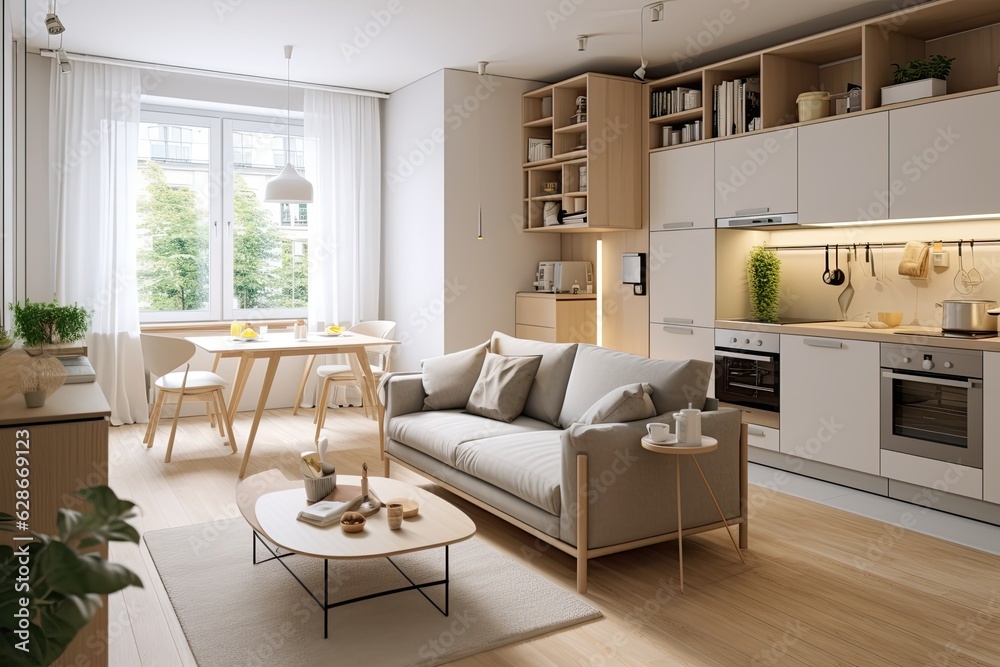 Canvas Prints This studio apartment in Scandinavian style features a spacious and bright interior design, incorporating warm pastel white and beige colors throughout. The living area is adorned with trendy