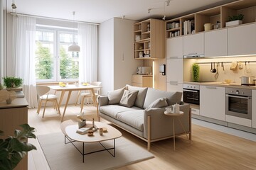 This studio apartment in Scandinavian style features a spacious and bright interior design, incorporating warm pastel white and beige colors throughout. The living area is adorned with trendy