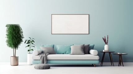 Front view of a modern luxury living room in light colors. Light green wall with poster template, comfortable sofa with cushions, coffee tables, green plants in pots, home decor. Mockup, 3D rendering.